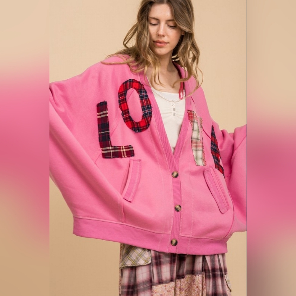 3-1210 *boutique* Oversized LOVE Plaid Pink Fleece Lined Button Cardigan - Picture 5 of 10